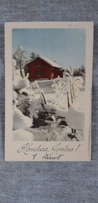 Vanha joulukortti + joulumerkki v. 1956, luminen mökki