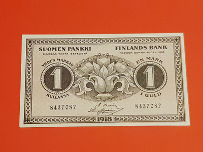 Suomen Pankki 1 mk 1918 täysin SILEÄ ja käyttämätön