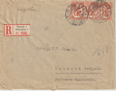 1928 3x1mk oranssit merkit kirjattussa kirjeessä HKI>Loimaa