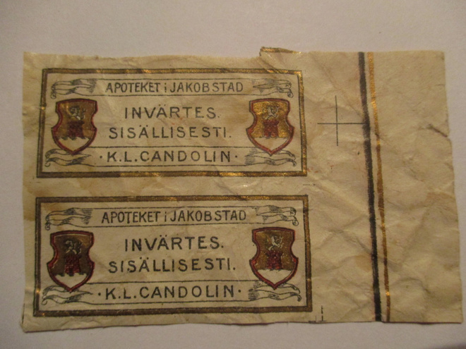 VANHA APTEEKKI ETIKETTI APOTEKET I JAKOBSTAD K.L.CAND  (AB2)