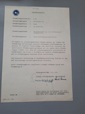 vakuutuskirja, todistus Finska Sjöförsäkrings AB 1957
