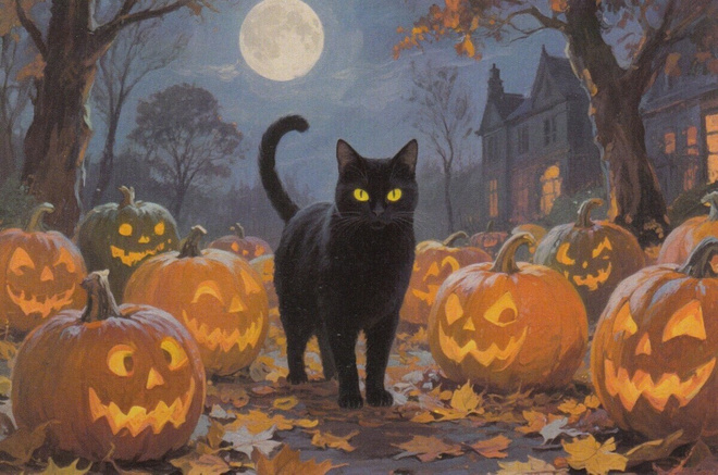 Halloween musta kissa kurpitsojen keskellä