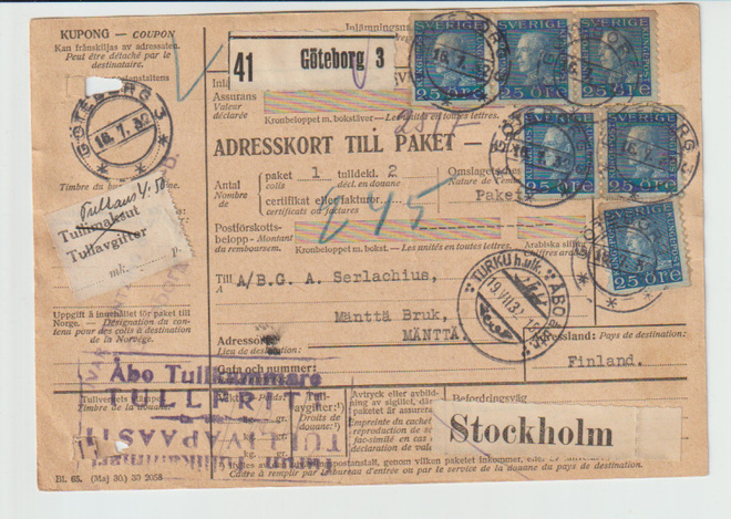 Osoitekortti, vanha v 1932 RUOTSI--MÄNTTÄ, TURUN kautta