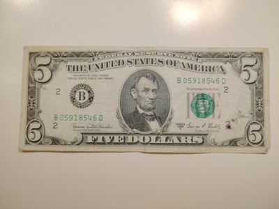 USA 5 Dollaria, sarja 1969C, B=New York, käytetty