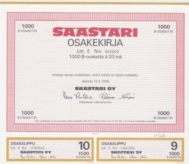 OKK 1988 Säästäri Oy spec, Helsinki osakekirja