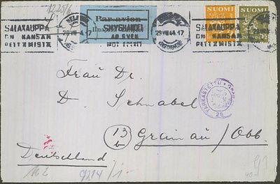 1942 3,5mk oliivi leijona ym lentokirje Saksaan