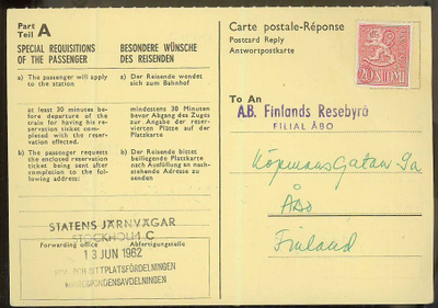 M54 1956 20 (mk) postikorttivastaus Ruotsista - leimaton