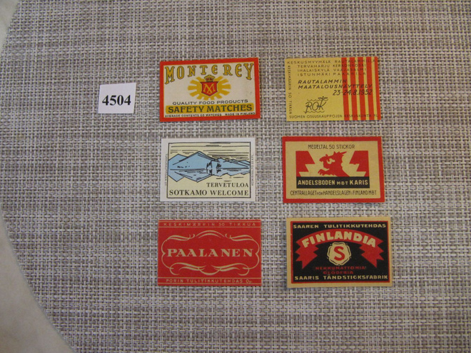 Tulitikkuetikettejä 6 kpl. Mm. Monterey.Made in Finland.
