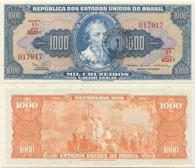 Brasilia 1 Cruzeiro Novo (1000 Cruze.) v.1967 (P-187b) UNC