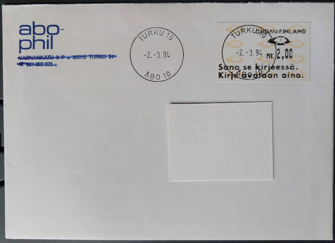 Automaattimerkki M6 kulkeneella Turku -kirjeellä 1994
