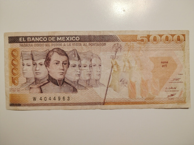 Meksiko 5000 Pesos 1987, käytetty seteli