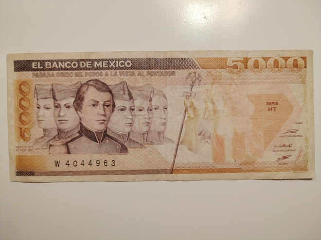 Meksiko 5000 Pesos 1987, käytetty seteli