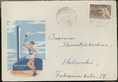1952 olympia 25mk kirje olympiakuorella