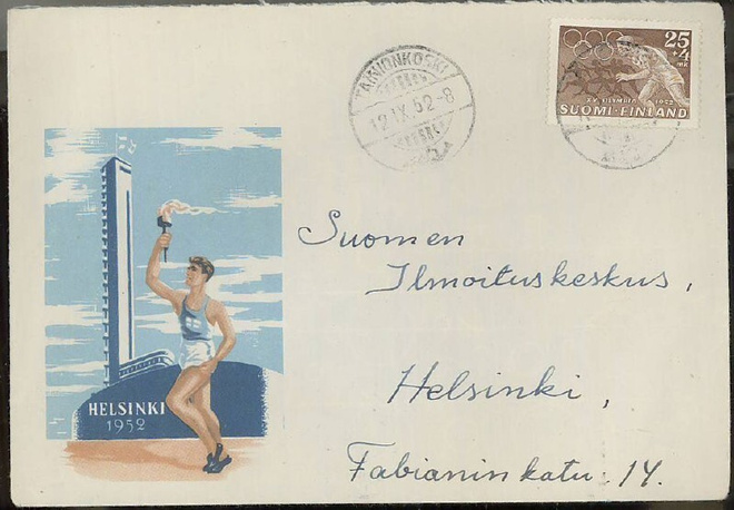 1952 olympia 25mk kirje olympiakuorella