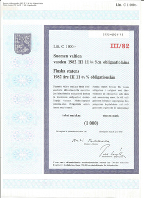 SUOMEN VALTION v. 1982 III 11 3/4 % OBLIGAATIOLAINA 1000 mk