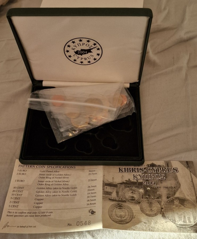 Kypros koe-eurot 2004 nahkakotelossa aitoustodistuksella