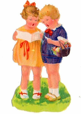 WANHA / Heleästi pukeutunut tyttö ja poika laulaa. 1930-l.