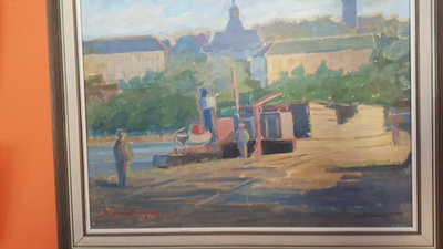 Öljyvärimaalaus Lappeenrannan satama vuodelta 1948