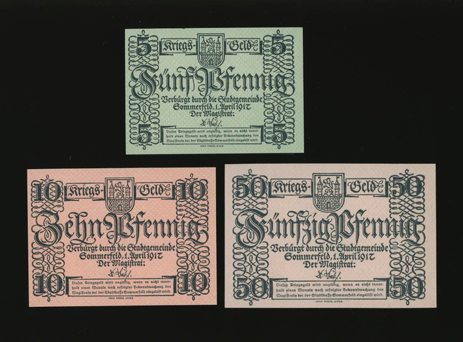 Saksa Notgeld 5, 10, 50 Pfg, Sommerfeld 1917