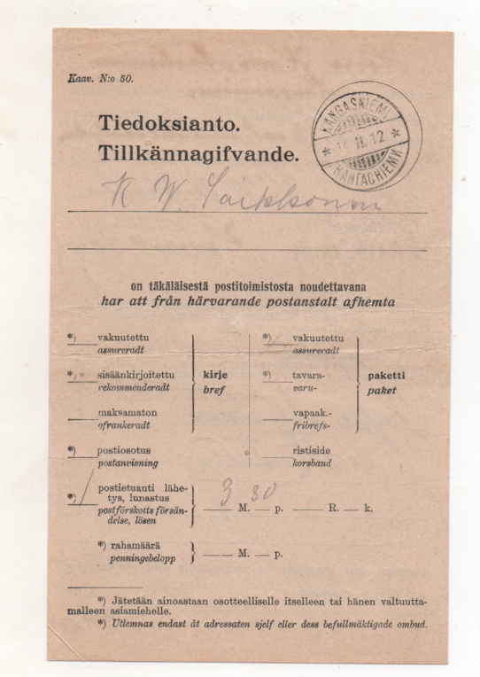 Tiedoksianto ilmoitus 1912 KANGASNIEMI