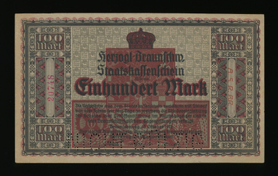 Saksa 100 Mark, Braunschweig 15.10.1918, Versio A1, XF+