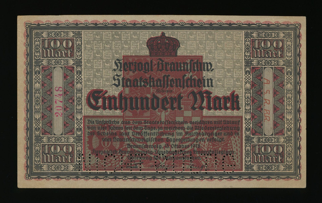 Saksa 100 Mark, Braunschweig 15.10.1918, Versio A1, XF+