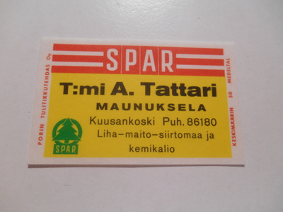 TT Etiketti SPAR T:mi A.Tattari Maunuksela Kuusankoski