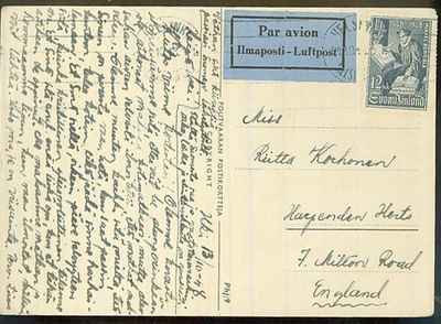 1948 Agricola 12mk lentopostikortti Englantiin
