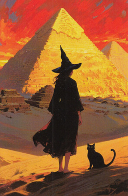 Halloween noita ja kissa, katsovat pyramideja