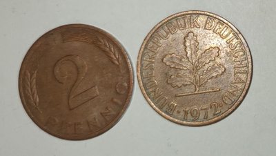 2 kpl Saksa 2 pfennig 1972 G & 1978 F, 2 kuvaa