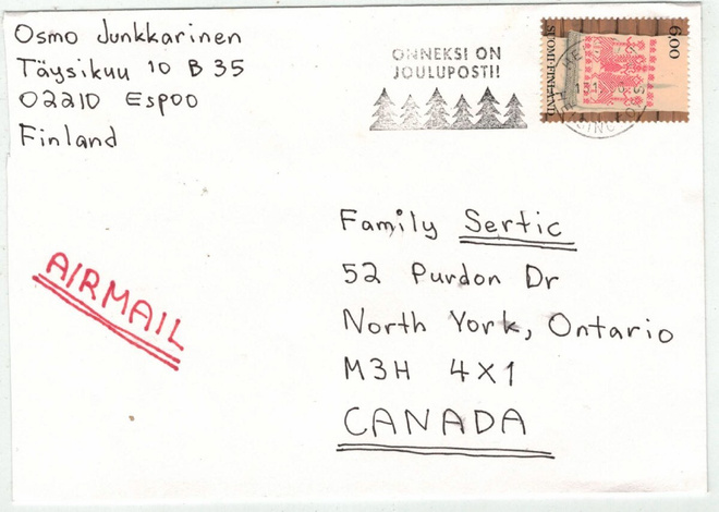 1980 6 mk käs'paikka kirje Kanadaan
