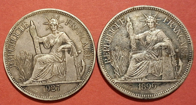 2 x Ranska Indo-Chine, Piastre de Commerce 1899 + 1927 (K19)