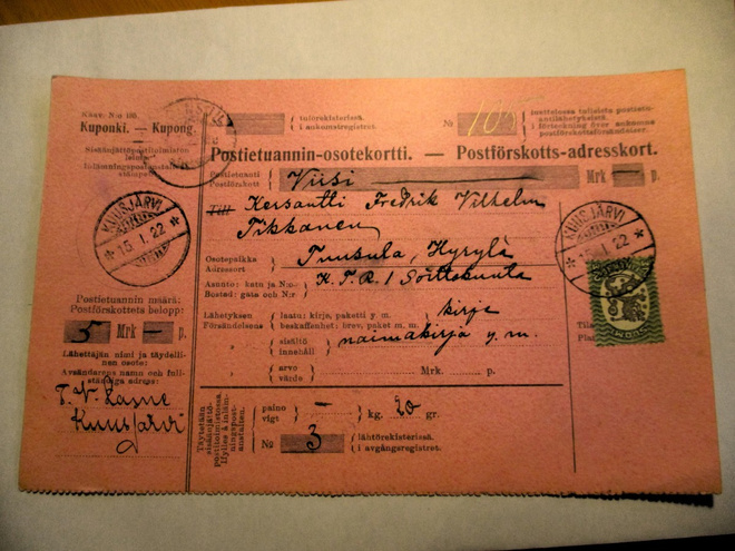 1922 Kuusjärvi postiennakko Hyrylään KTR soittokuntaan