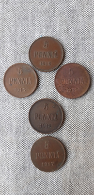 5 penniä 5 kpl Suurruhtinaskunnan/autonomian ajalta 1915-17