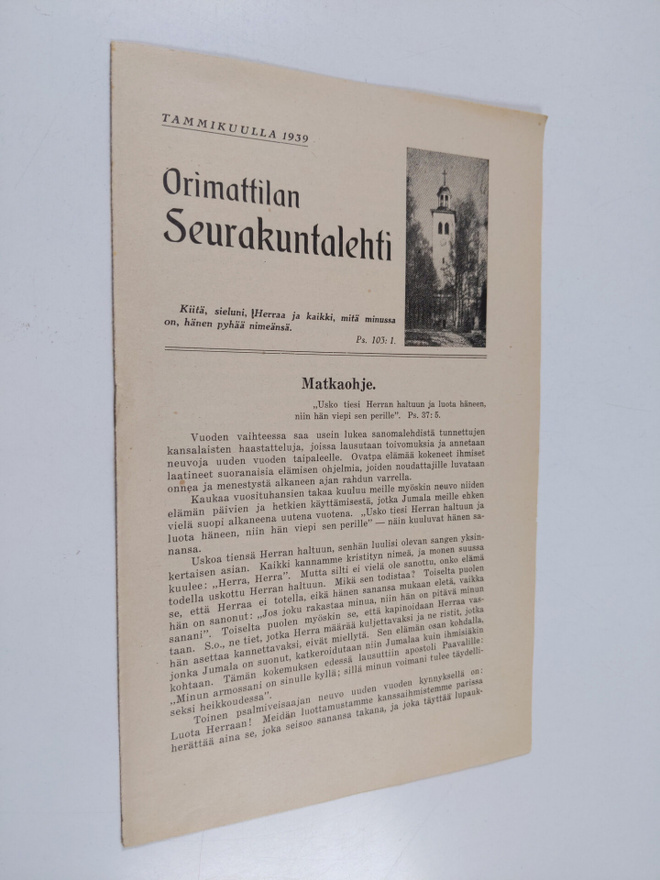 Orimattilan seurakuntalehti tammikuulla 1939