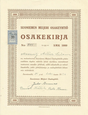 OKK 1926 Suoniemen Meijeri Oy, Suoniemi osakekirja