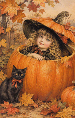 Halloween tyttö kurkistaa kurpitsan sisältä