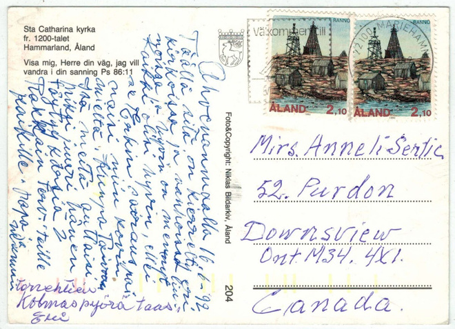 Ahvenanmaa 1992 Ranön majakka pari postikortti Kanadaan