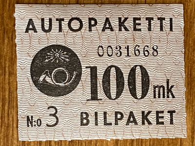 AUTOPAKETTIMERKKI 1949/50 100MK W1**