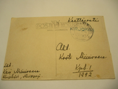 1943 KIRJOKIVI sin  rivil + pv 10 kortti