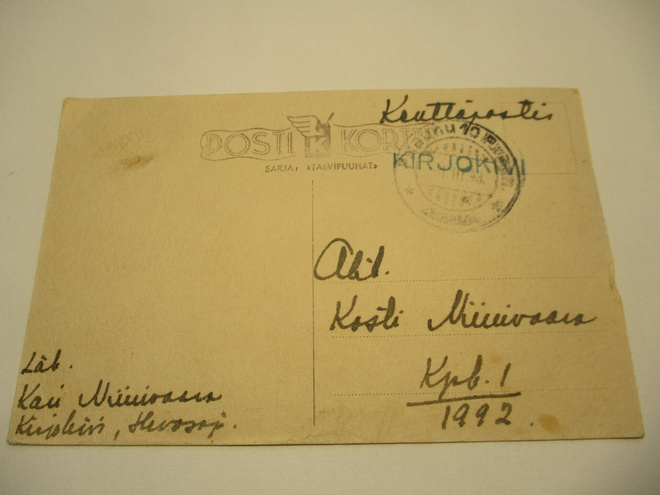 1943 KIRJOKIVI sin  rivil + pv 10 kortti