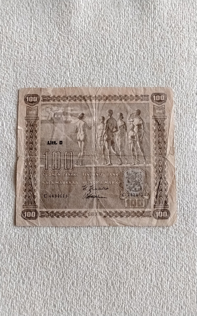 Suomi vanha 100 markan seteli1939 vuodelta
