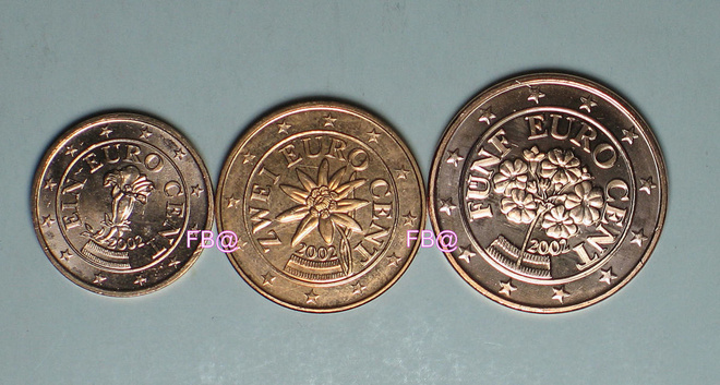 2006 ITÄVALTA 1c + 2c + 5c suoraan rullasta UNC