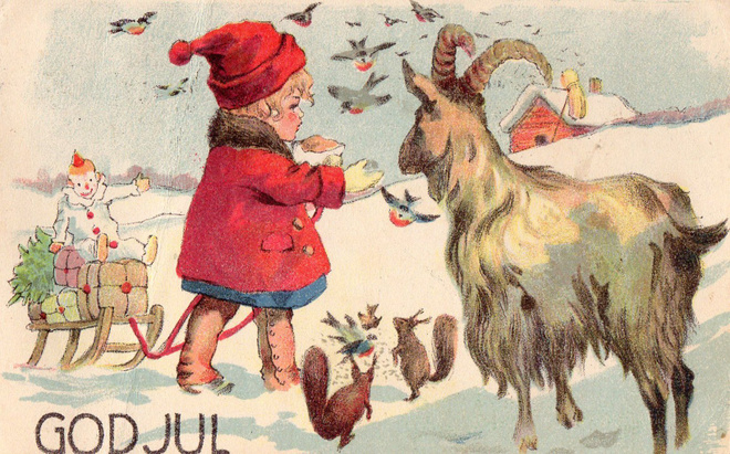Vanha joulukortti-lapsi ruokkii eläimiä