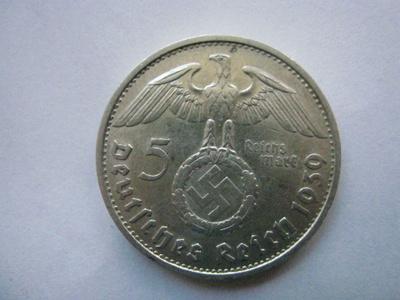 Natsi-Saksa 5 reichsmark 1939 B Hindenburg hopeaa
