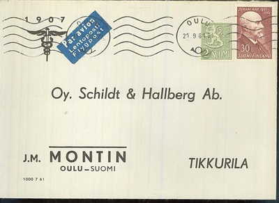 M54 1954 2 (mk) lentolisänä lentokirje Oulusta Hkiin 1961