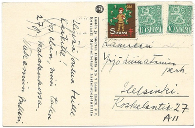 Tub Joulumerkki 1956 Lapsi kuusen juurella kortilla