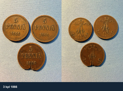 24 kpl 5 pennin kolikoita 1865–1917 –mukana 1865 ja 1870