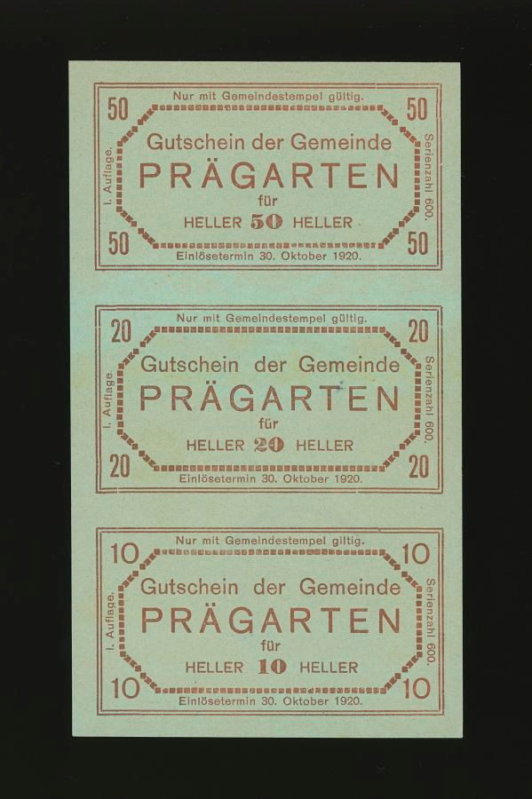 Itävalta 10, 20, 50 Heller, Prägarten, leikkaamaton arkki