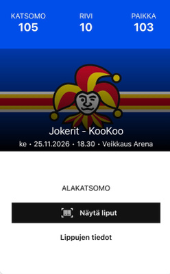 Jokerit-Kookoo 25.11. 2x jääkiekko liput halvalla, Liiga